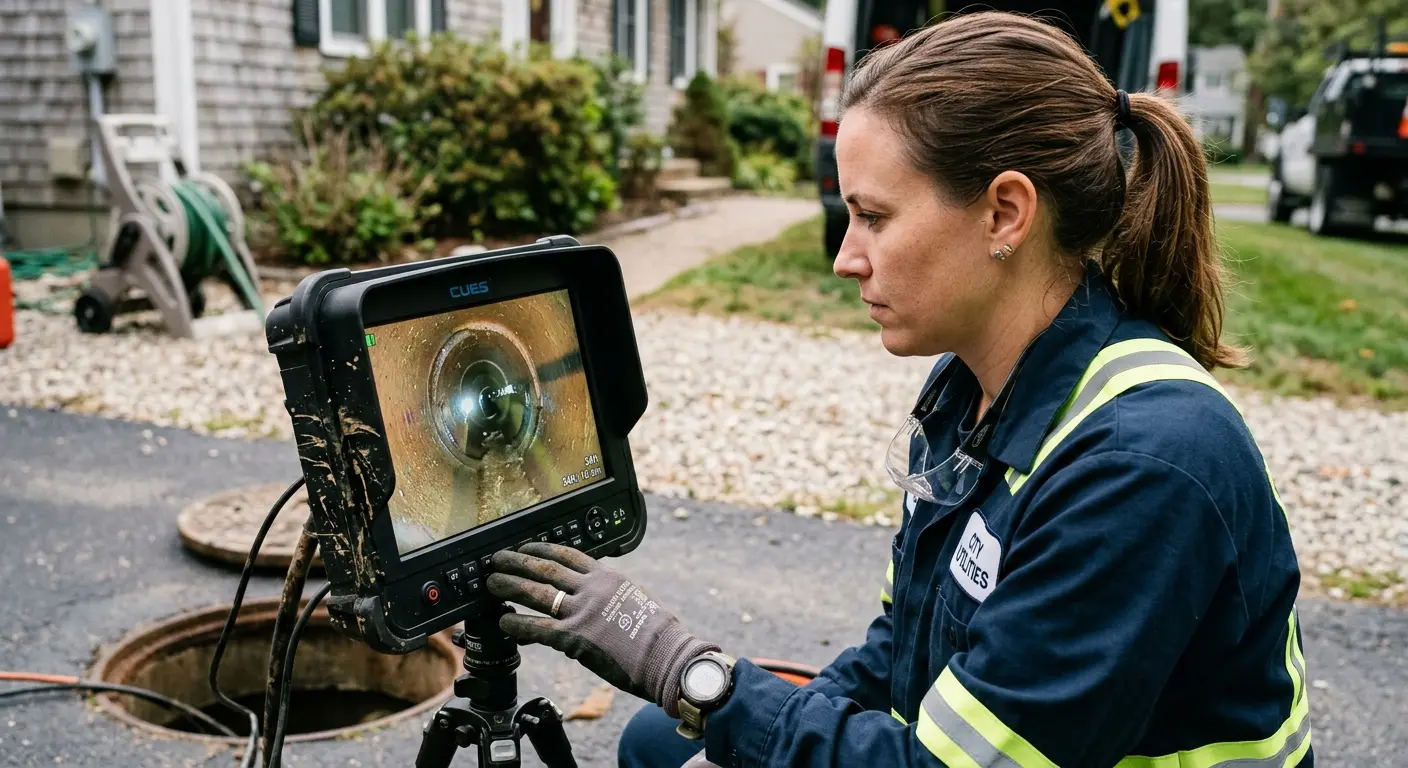 Technician reviewing sewer camera inspection footage in Saddle Brook