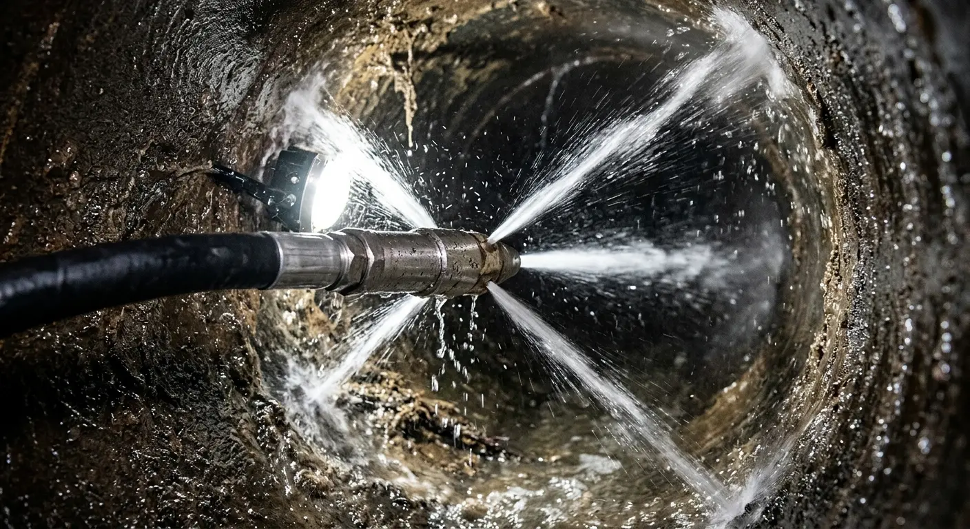 High-pressure hydro jetting nozzle cleaning sewer pipe for Trenchless Sewer Repair in Saddle Brook