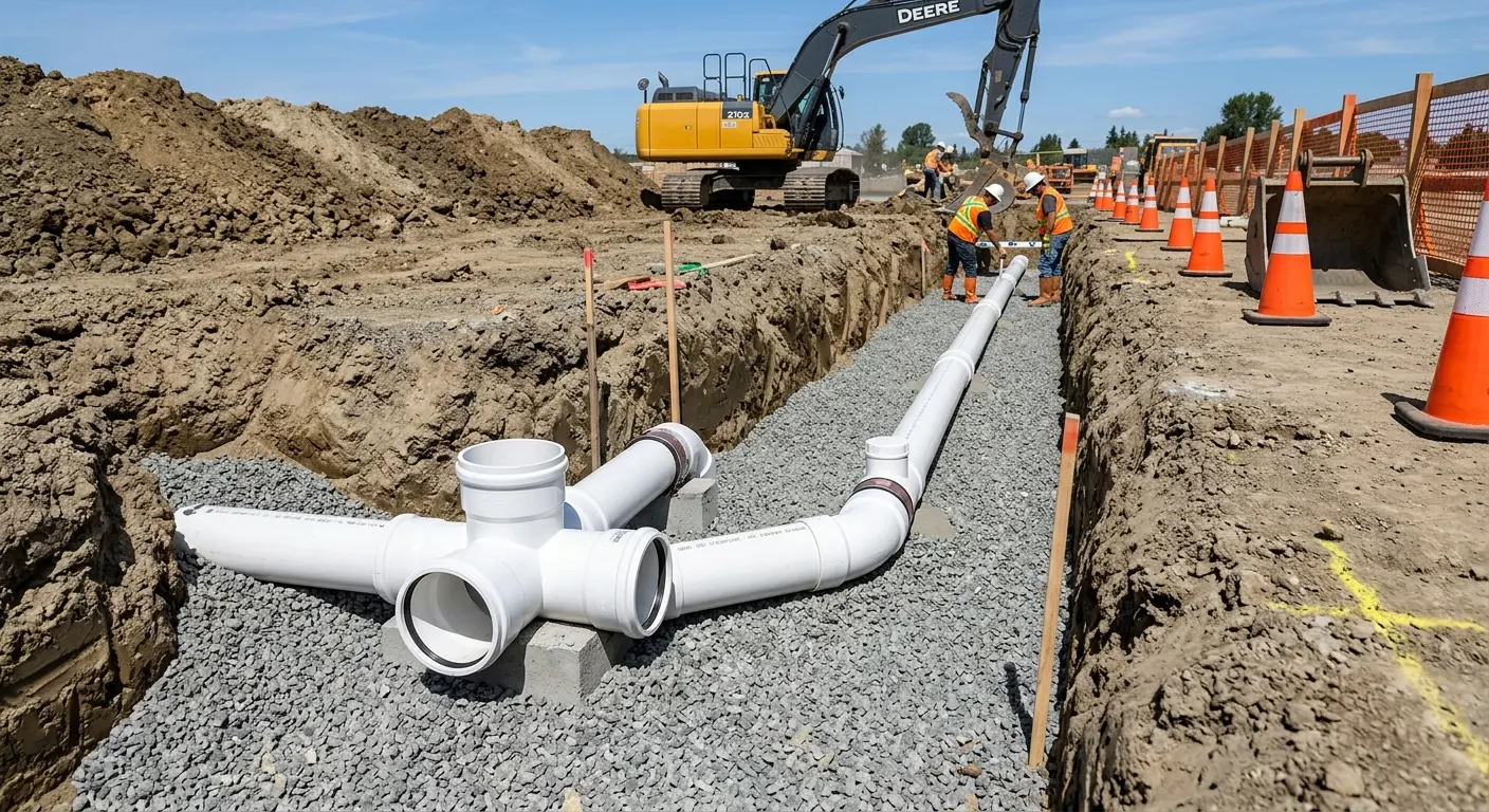 New PVC sewer pipe installation in open trench for Sewer Backup in Saddle Brook
