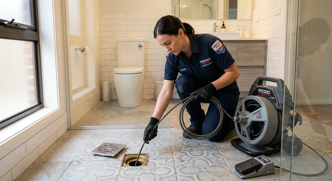 Technician clearing a bathroom floor drain for Drain Cleaning in Saddle Brook